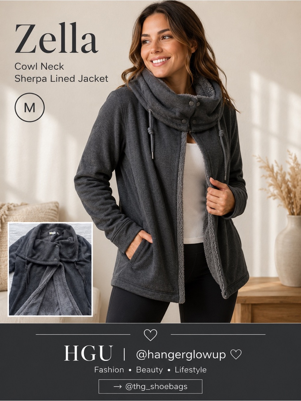 Zella Cowl Neck Sherpa Lined Open Front Jacket Charcoal Gray M